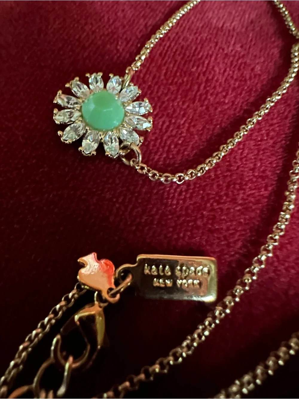 Vintage KateSpade NY Gold Tone small Necklace with Green Gem Floral Pendant
